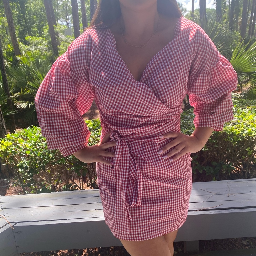 long sleeve red and white dress